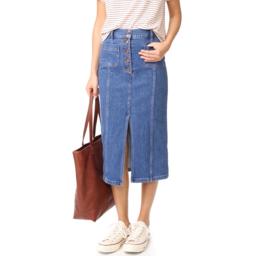 Madewell Button Fly Midi Denim Skirt Front Slit